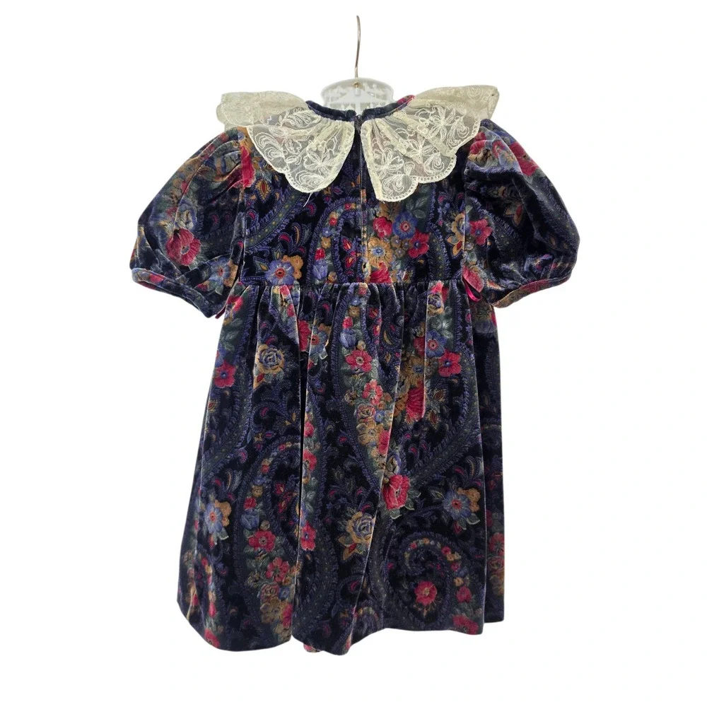 Vintage Girls Velvet Paisley Floral Dress Lace Collar Navy Blue Burgundy 4T